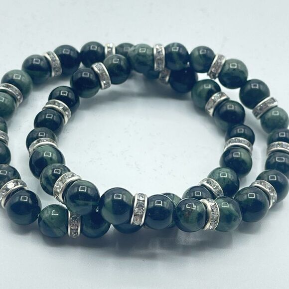 Kambaba jasper green black rhinestone bling beaded stretch bracelet ONE NEW crys - Picture 7 of 7